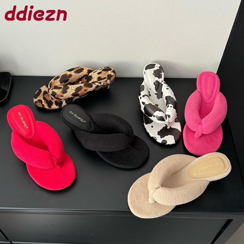 Fashion Red Fashion Round Toe Ladies Wedges Slippers Shoes Footwear Flock Women Wedges Slippers Shoes Female Sandals Slides Flip flops