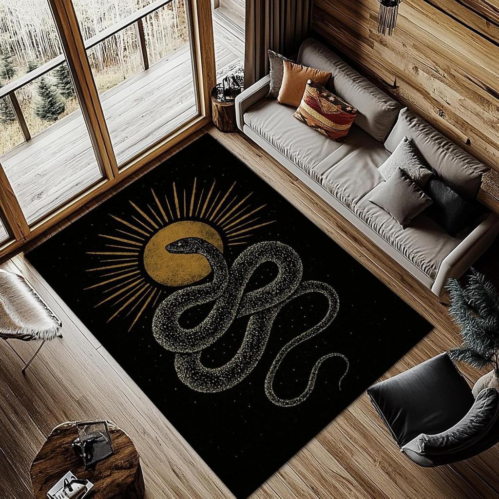 Nordic Style Living Room Carpet Black Gold Mysterious Snake Pattern Bedroom Rug Machine Washable Non-slip Coffee Table Mat Tapis