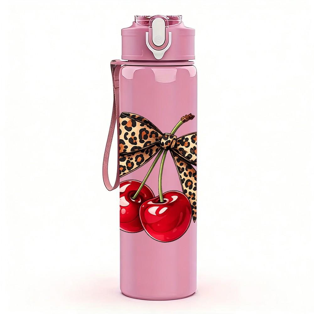 1PC Bow Decor Red Cherry Fruit Print 750ml Color Plastic Sports Water Bottle Leakproof Flip Straw Lid Suitable for Sports Office Home Use