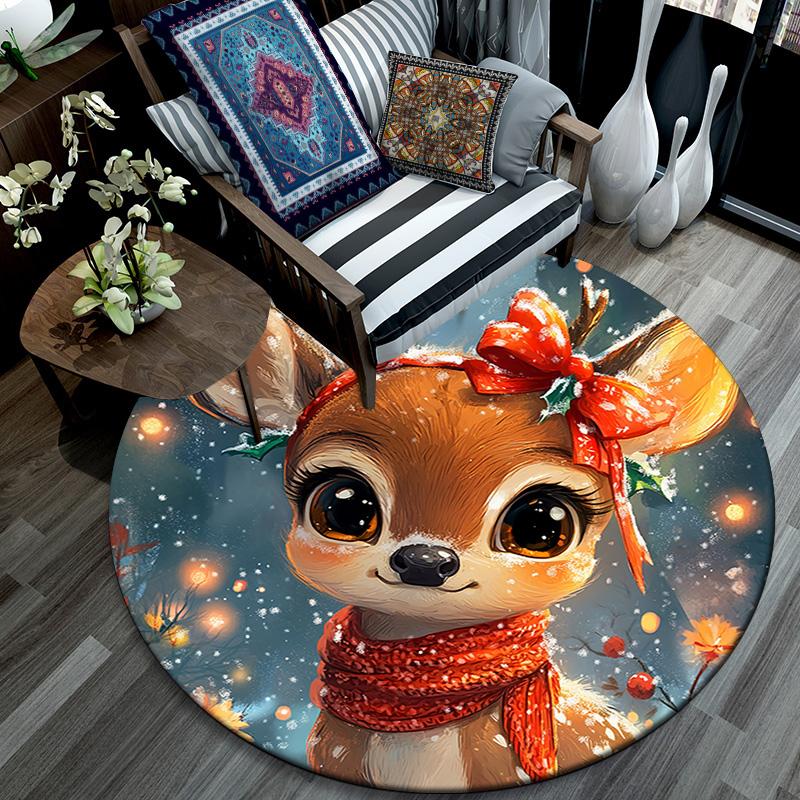 Cute Deer Round Area Rug,Carpet Rug for Living Room Bedroom Sofa Playroom Decor,Non-slip Floor Mat