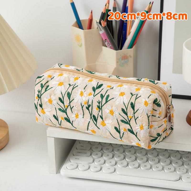 Charming Floral Embroidered Canvas Cosmetic Bag with Zipper Women’s Travel Essential 05