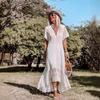 Vintage Chic Damen Weiß Stickerei Spitze Kurzarm Strand Bohemian Slim Fit Unregelmäßigen Fischschwanz Kleid Robe Damen V-ausschnitt Boho Kleid