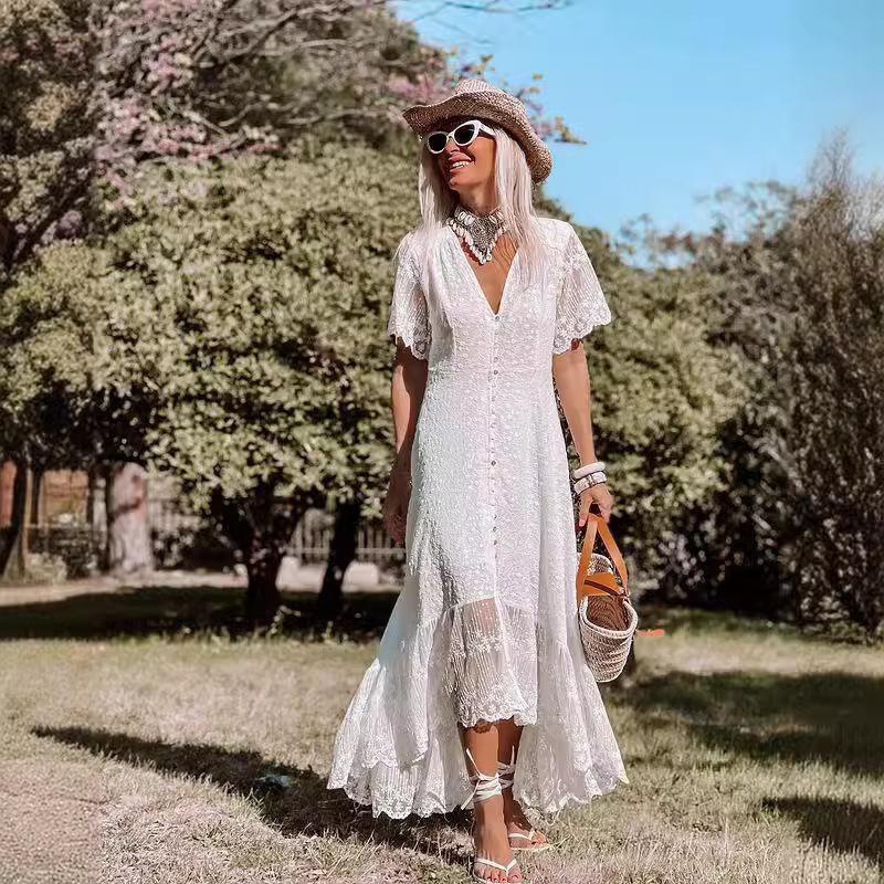 Vintage Chic Damen Weiß Stickerei Spitze Kurzarm Strand Bohemian Slim Fit Unregelmäßigen Fischschwanz Kleid Robe Damen V-ausschnitt Boho Kleid