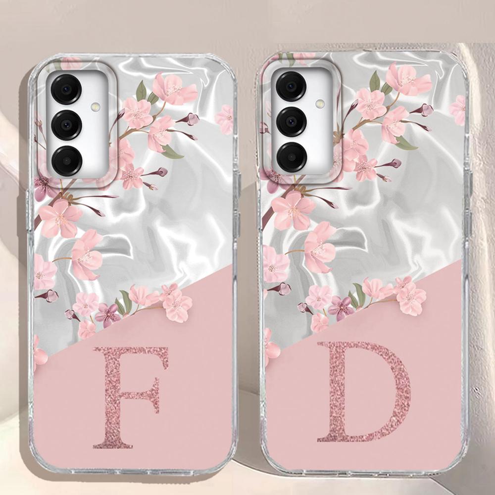 A Z Pink Letter Peach Flower Shockproof Phone Case For Samsung Galaxy A07 A17 A06 A16 A26 A36 A56 A12 A22 Shell Couple Cover