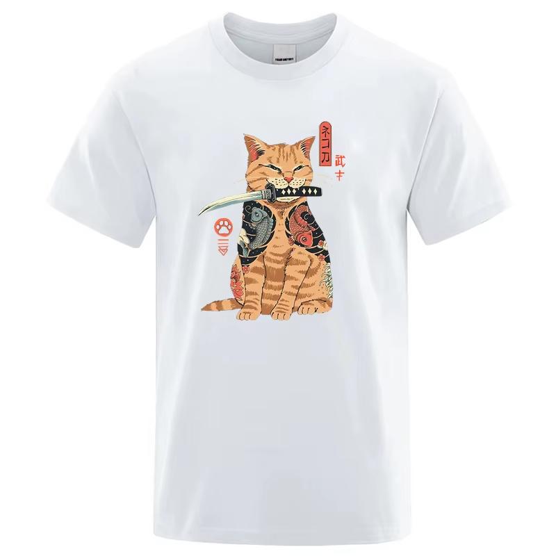 Summer Mens Tshirt Top Quality 100 Cotton Short Sleeve Cool Knife Cat Print for Men Oneck Casual Loose Hip Hop Male Tees Top
