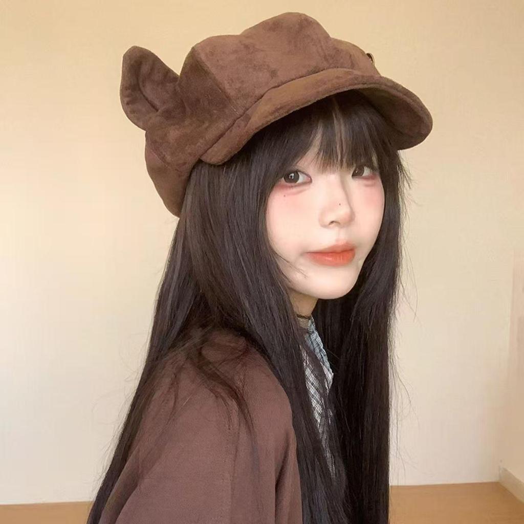 Damen Wildleder Baskenmütze mit Katzenohren — Herbst Winter Retro Achteckige Mütze, Einfarbig, Vielseitiger Malerstil für einen schicken Look