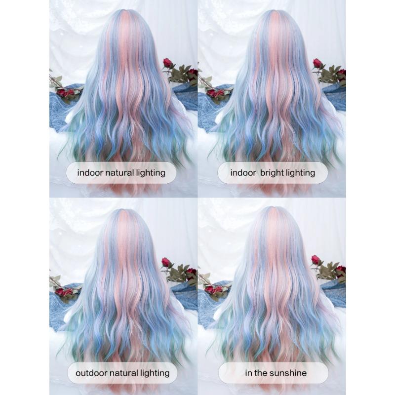 28Inch Iridescent Rainbow Color Multicolour Synthetic Wigs with Bang Long Natural Wavy Hair Wig for Women Cosplay Heat Resistant