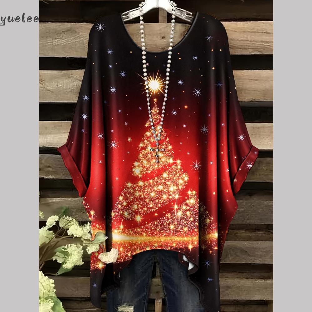 Świąteczny damski T-shirt z nadrukiem 3D, bluzki z nieregularnym dołem, T-shirt z okrągłym dekoltem dla kobiet, vintage, na co dzień