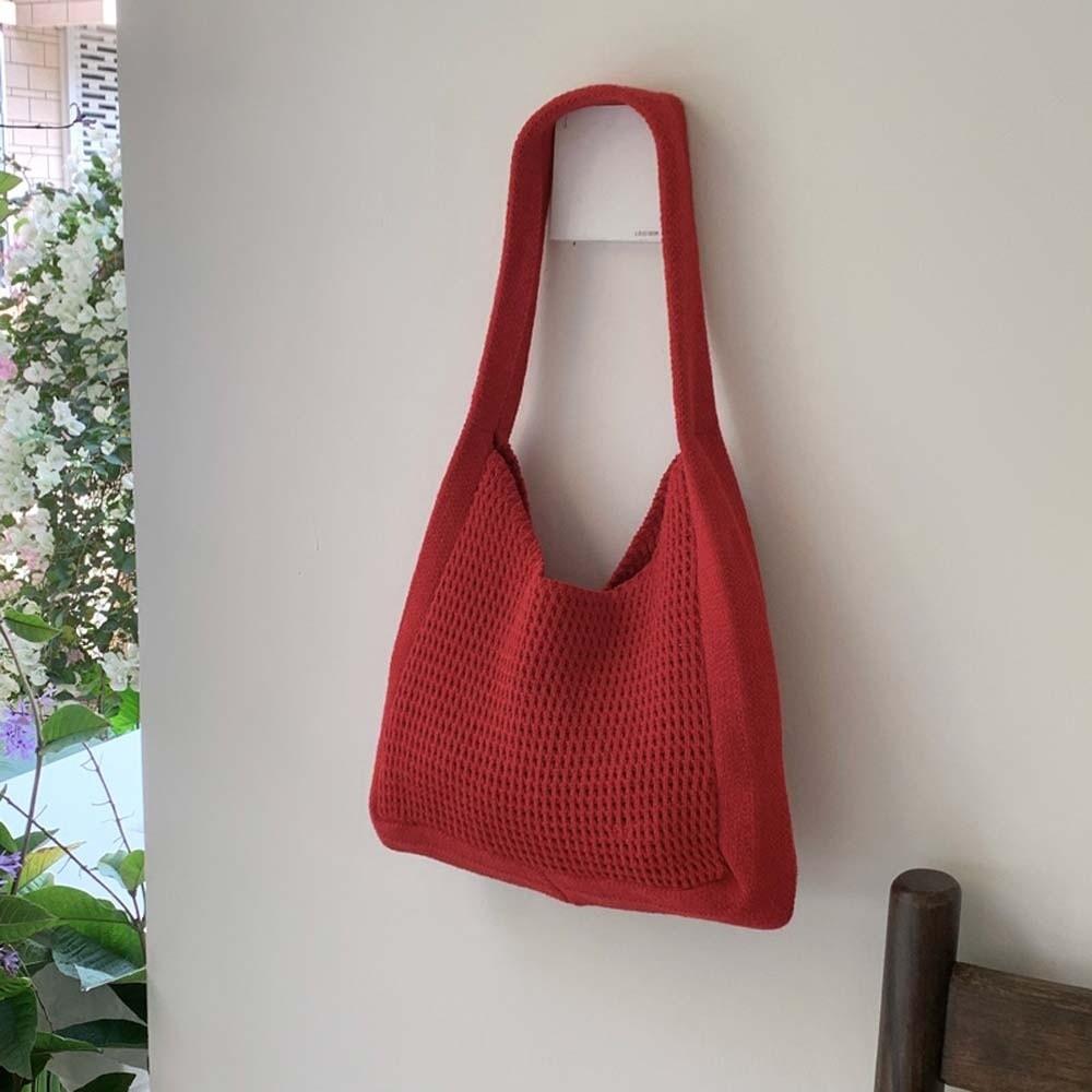 Sweet Knitted Tote Bag Breathable Seaside Vacation Handbag Trendy Crochet Shoulder Bag  Spring