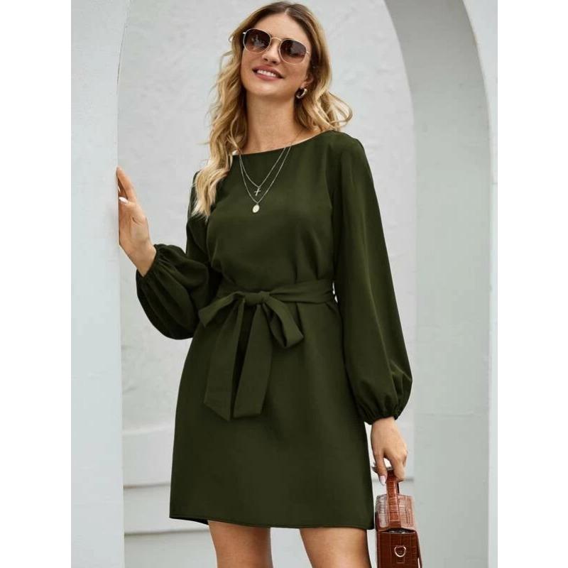 Spring and Autumn Women's Mid-length Long Pure Colour Temperament Commuting Thin Set Head High Waist Dress