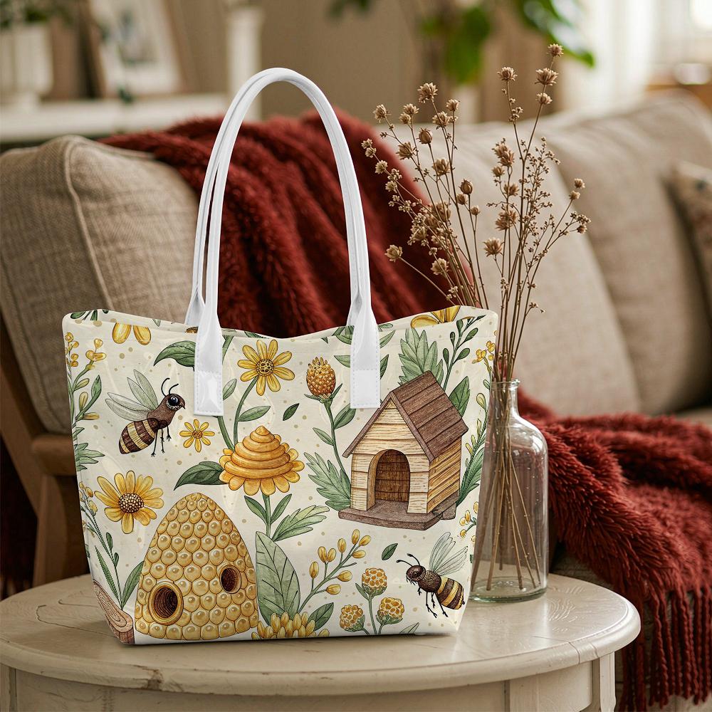 Bee Flower Pattern Tote Bag Casual Fashion Handbag for Daily Shopping Travel Use