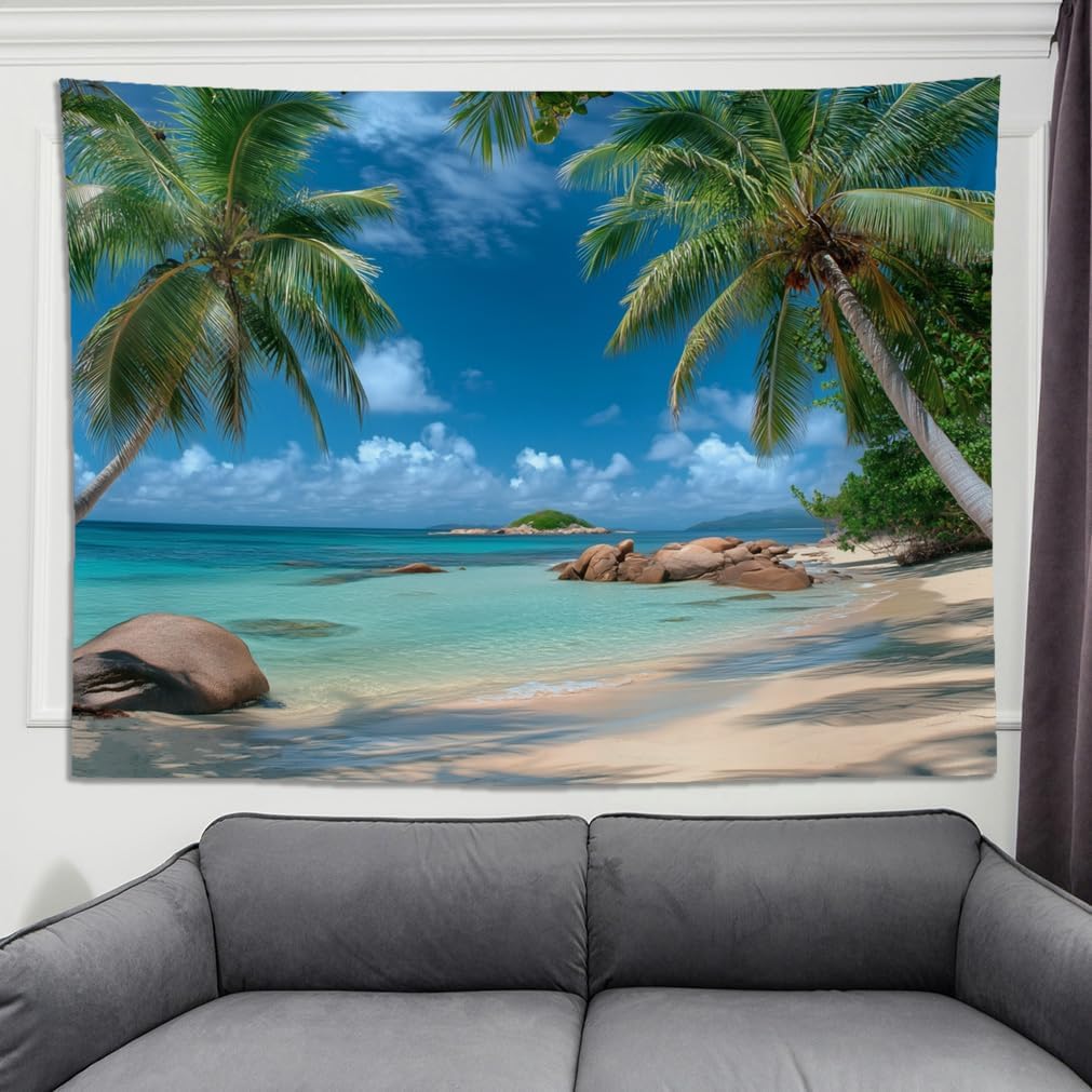 Beach Summer Ocean Tapestry Tropical Palm Trees Wall Hanging Decor With Blue Sky And Seaside Scenery, Nature Landscape Tapestry
