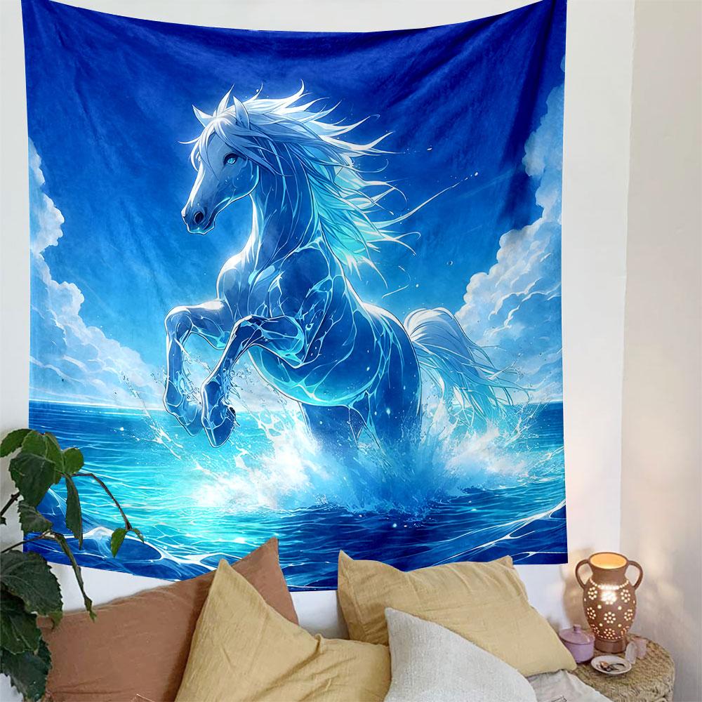 Glowing White Horse in Ocean Waves Patterned Tapestry Decorative Wall Hanging, Home Bedroom Living Room Decor