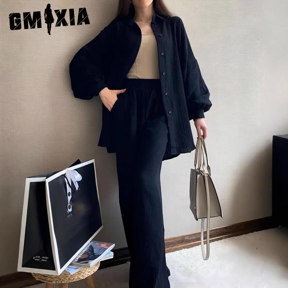 

GMXIA Fashion Loose Large-sized Women s Solid-color Long-sleeved Two-piece Set XXXL