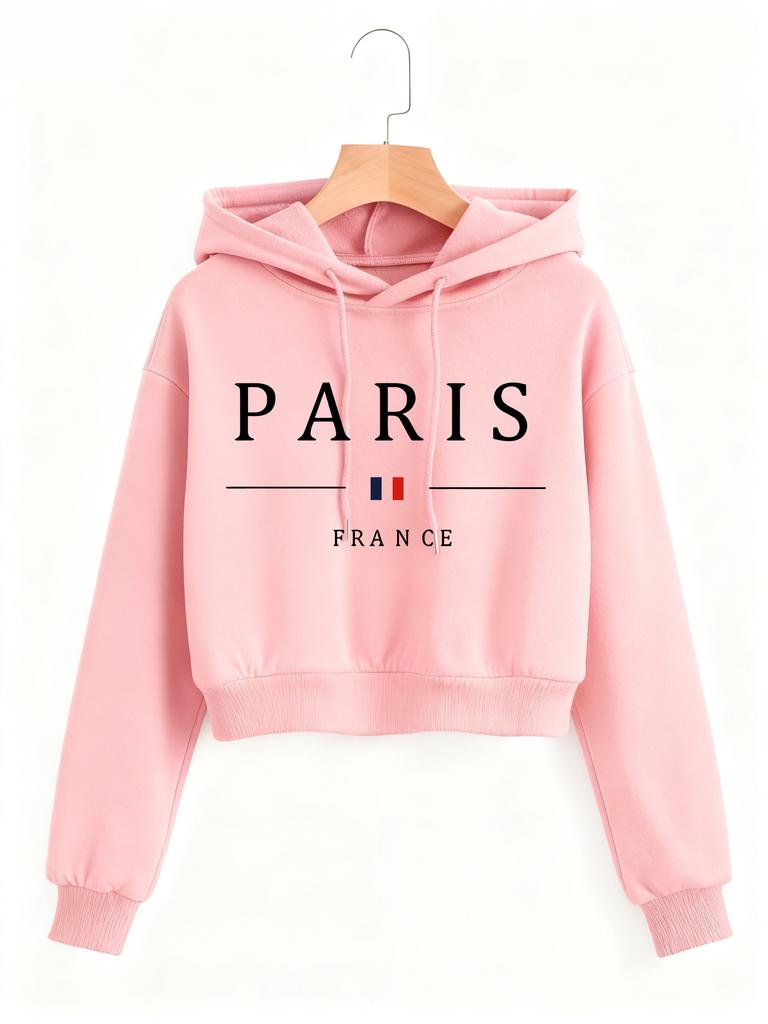 Y2k Paris France Letter Print Autumn Winter Cropped Sweatshirt Crop Top Hoodie Sweatshirts Gothic Casual Grunge Clothing