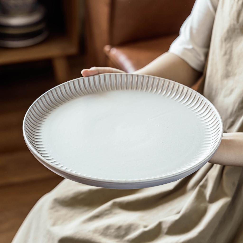 Embossed Striped Edge Plate Simple Ceramic Plate Round Large Plate Tableware Household Dish Plate Western Food Steak Plate