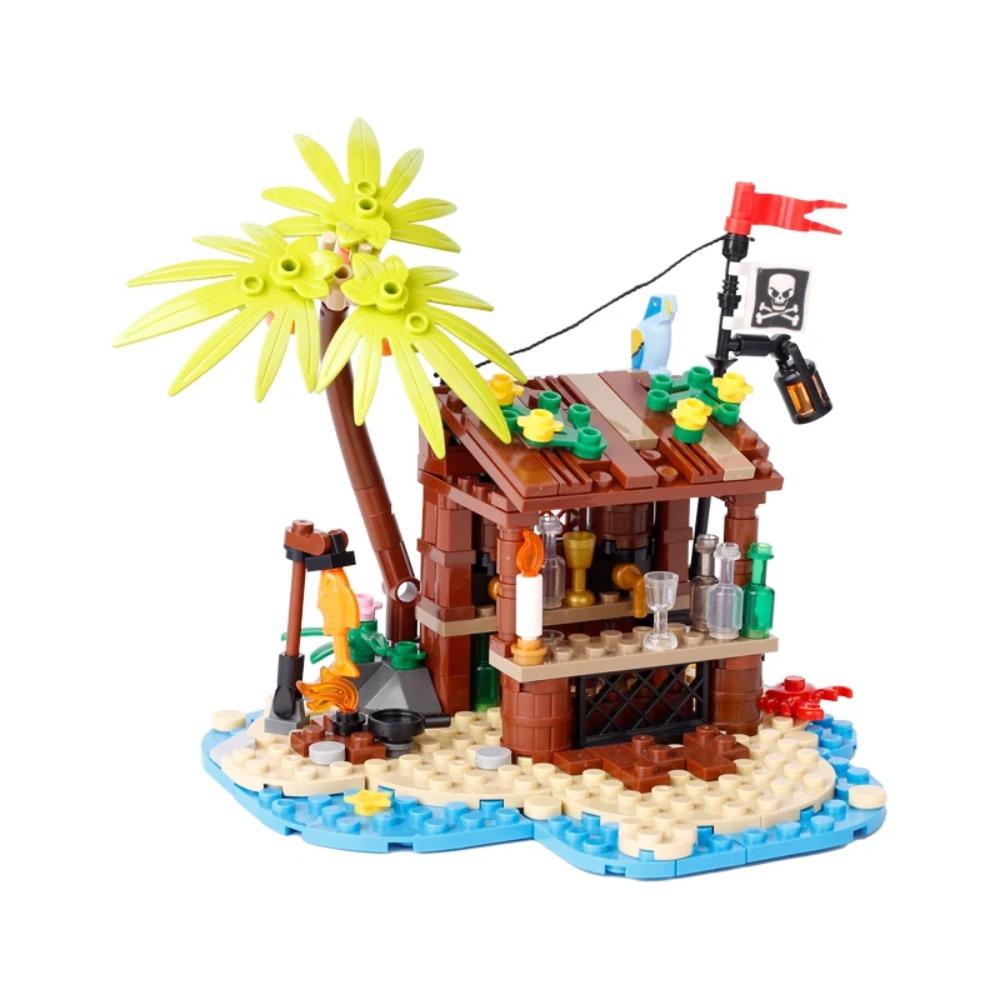 MOC Mittelalterliche Piratenbar Modellbausteine Set Papagei Blockhütte Inselhaus Lagerfeuer Baum Segelboot Schiff Steine Spielzeug Geschenk