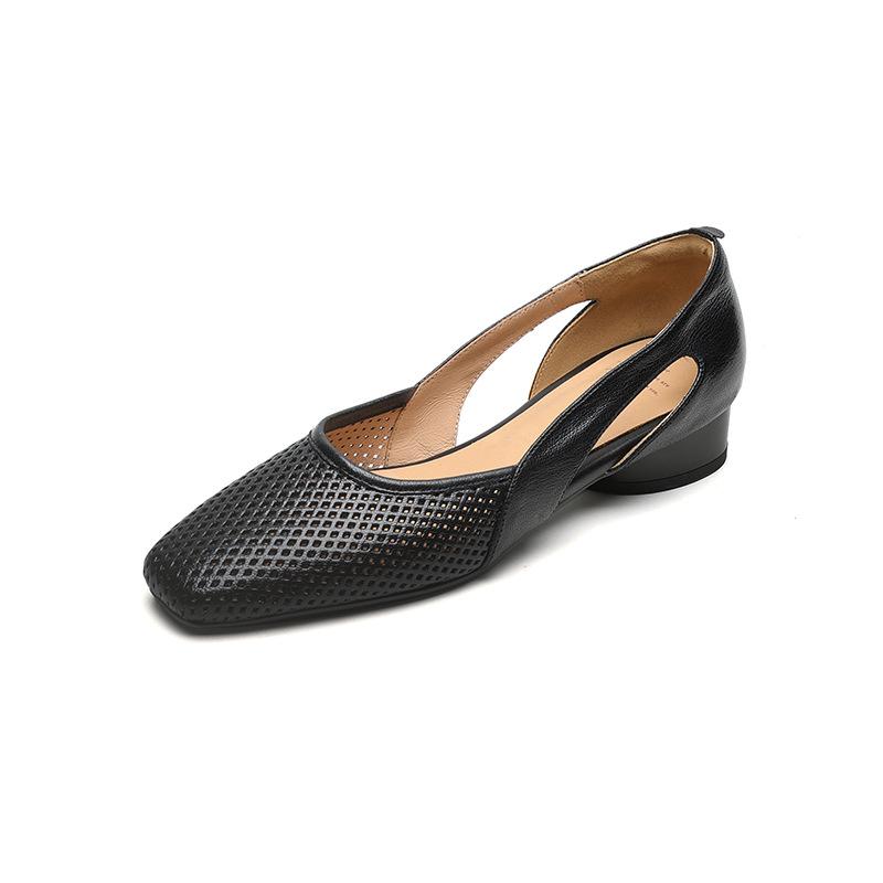 2025 spring and summer new versatile niche hollow hole single shoes explosion low heel soft leather square head explosion soft sole women's shoes