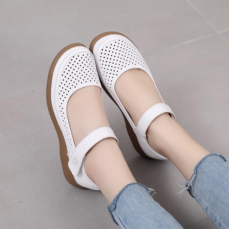 Fashion GKTINOO Genuine Leather Flats Mary Jane Women's Shoes Summer Soft Sole Hollow Mother's Shoes Anti-slip Sandals Large Size 43