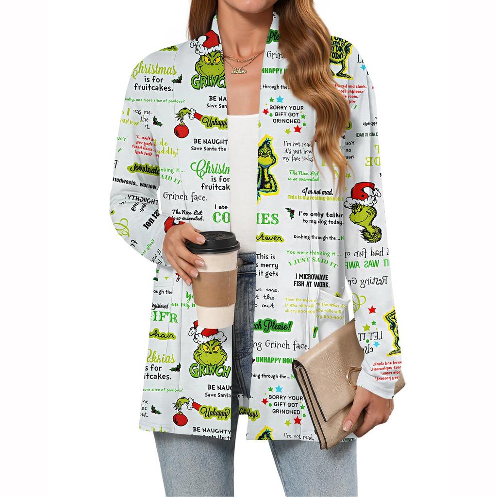 Women's Christmas Printed Lightweight Cardigan Long Sleeved Casual Loose Thin Fit With Pockets Cardigan Jacket