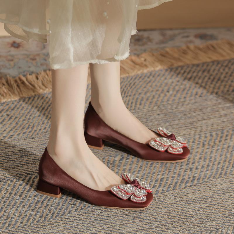-B Bow Rhinestone Premium Comfortable Versatile Square Head Thick Heel Women's Single Shoes
