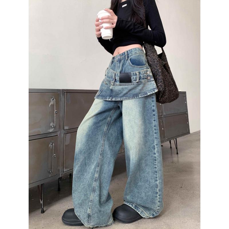 Women's Retro Two-Piece Look Hem Jeans: Loose, Straight-Leg Wide Pants