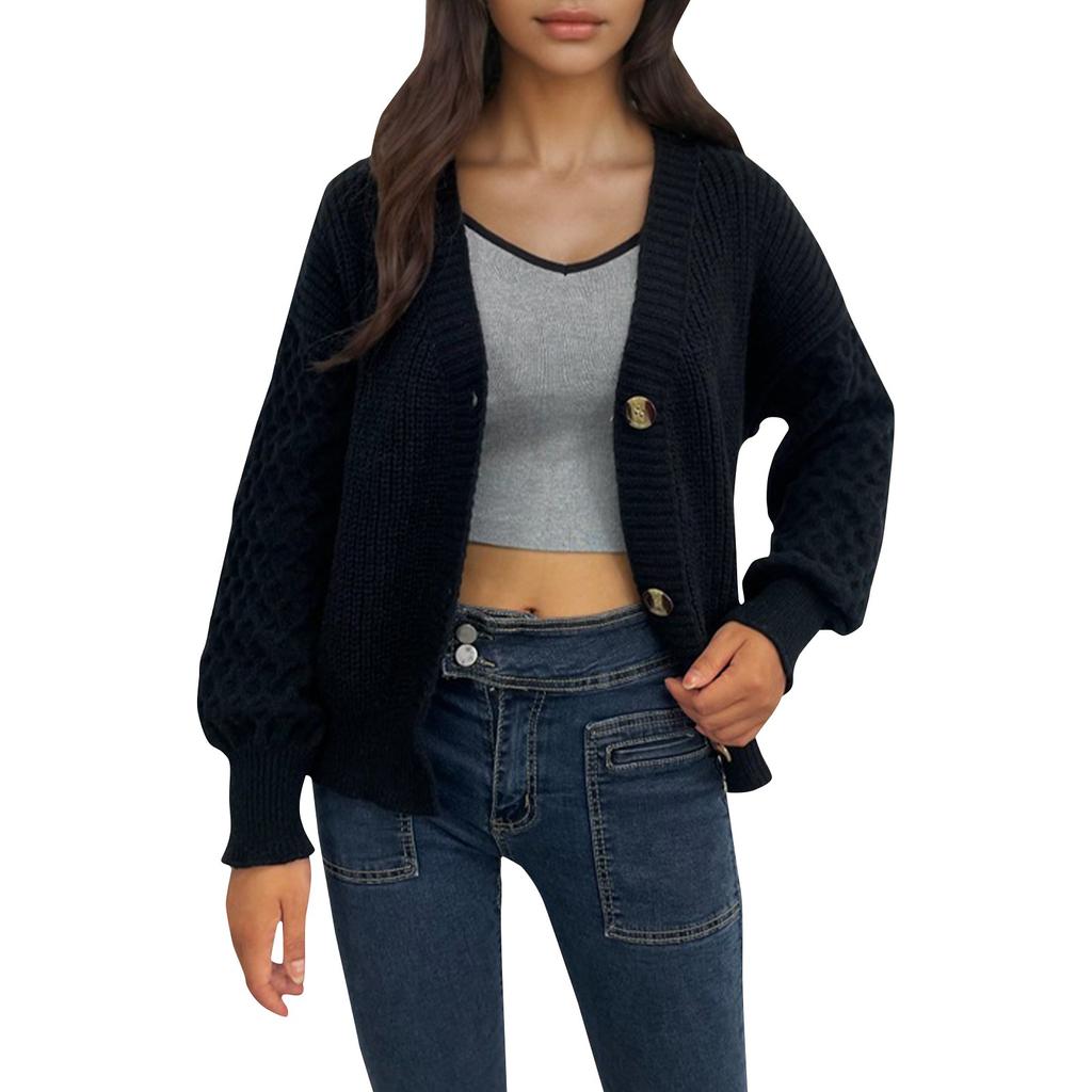 Manteau Pull Col V Mode Femme Boutonnage Simple Cardigan Manches Longues Couleur Unie