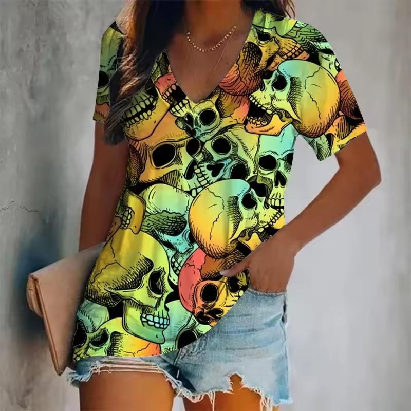 Women's Short-Sleeved T-Shirt V-Neck 3d Printed Skull Pattern Oversized Women's Top Y2K Style Summer Casual T-Shirt