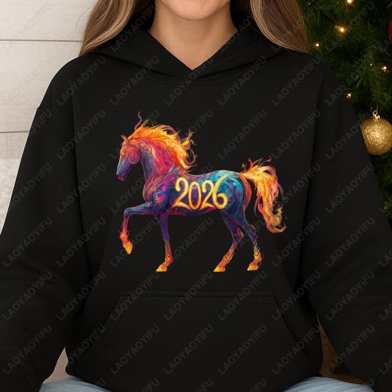 Fiery Horse 2026 Hoodie Vibrant Zodiac Art Gift Drop Shoulder Sweatshirt  Woman Vintage Fashion 2026 New Year Winter Hoodies