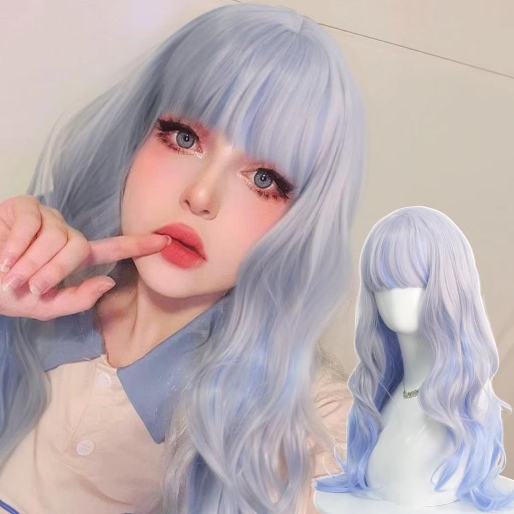 Blue Grey Graded Fluffy Curly Hair High Temperature Resistant Fiber Synthetic Wig Valentine's Day Christmas Anime Party Cosplay