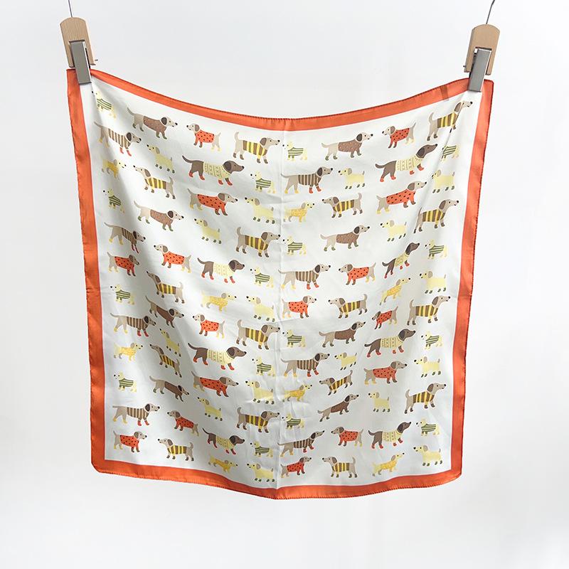 1116 Summer New Cartoon Dog Printed Small Square Scarf Cute Head Scarf Chest Wrap Versatile Korean Silk Scarf Scarf Scarf