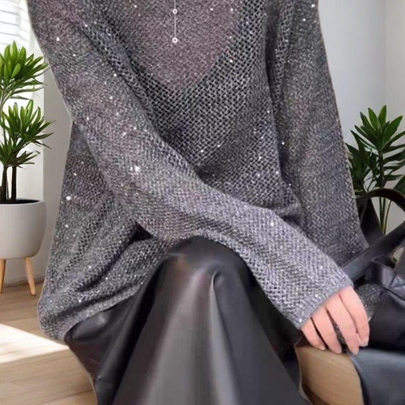 Autumn Layered Pullover with Chic Design Sequined Sweater Retro Light Luxury Casual Loose Long-sleeved Blouse Top