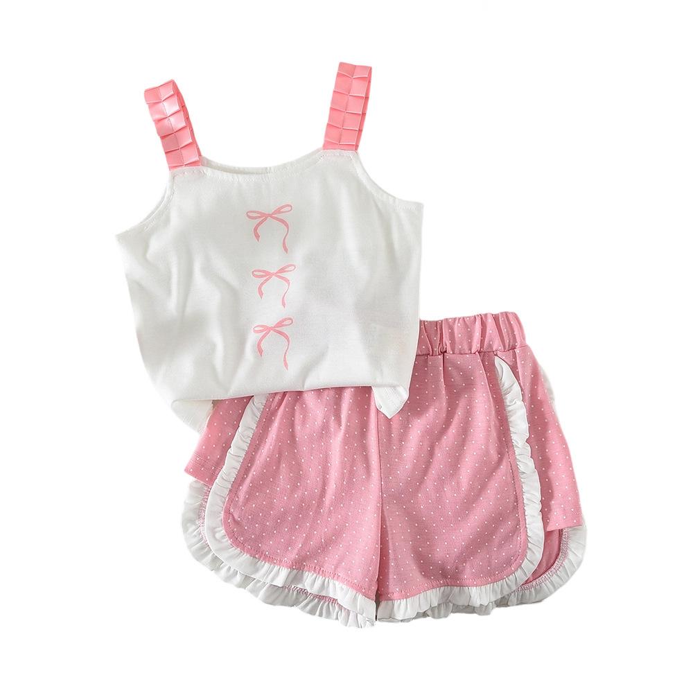 Girls Summer Pink Bow Print Camisole And Polka Dot Shorts Two Piece Set