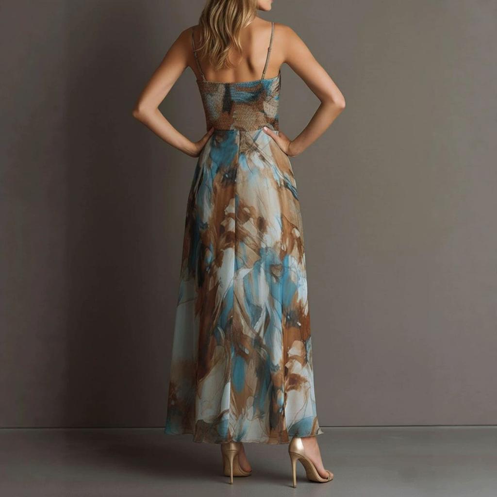 European and American new fashionable and elegant printed dress, sexy suspender waist elegant beach dress