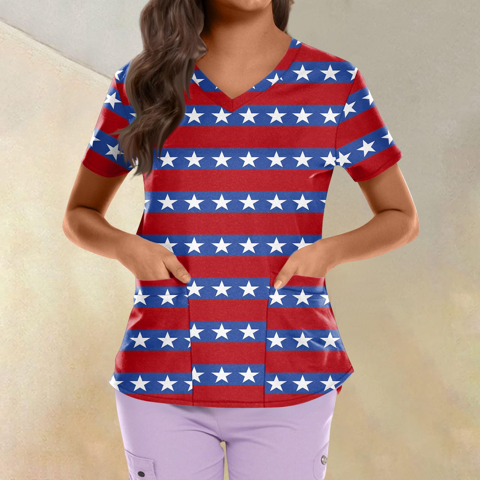 

Большие размеры, печатные рабочие униформы, топы для женщин, крестообразный V-образный вырез, День независимости, принт, короткий рукав, забавные футболки, рабочая одежда, футболка с карманами L винный