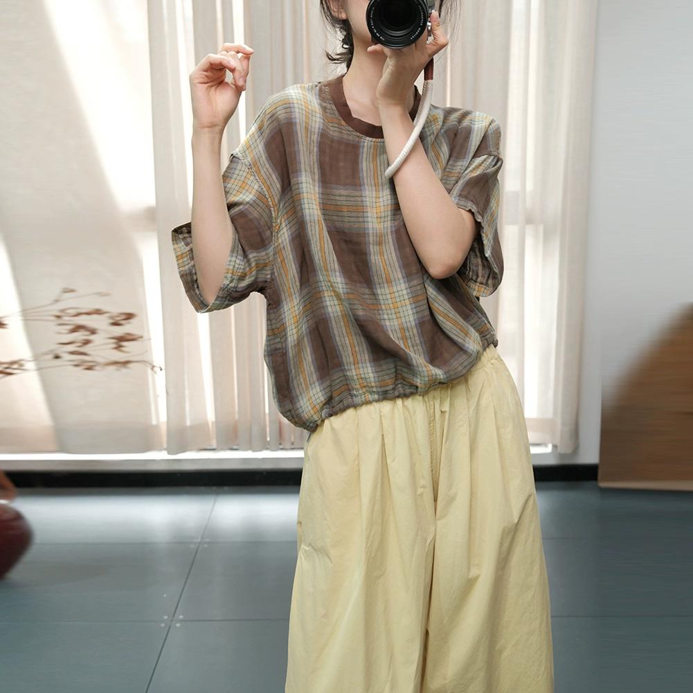 

DIMANAF 2025 Summer Linen Plaid T-shirt Women printing Short Sleeve Loose T-shirt Black One size коричневий