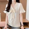 Navava Women Ruffle Ribbon Short Sleeve Blouse Nt2577