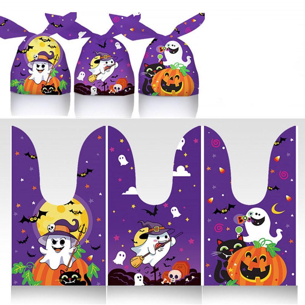 50pcs/bag Pumpkin Cat Ghost Printed Halloween Candy Bag Rabbit Ear Plastic Bag  Halloween Party