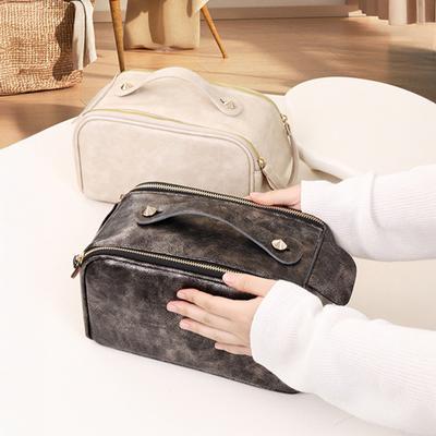 Faux Leather Travel Makeup Bag for Women Large Capacity Cosmetic Organizer Vintage Waterproof Toiletry Pouch with Handle