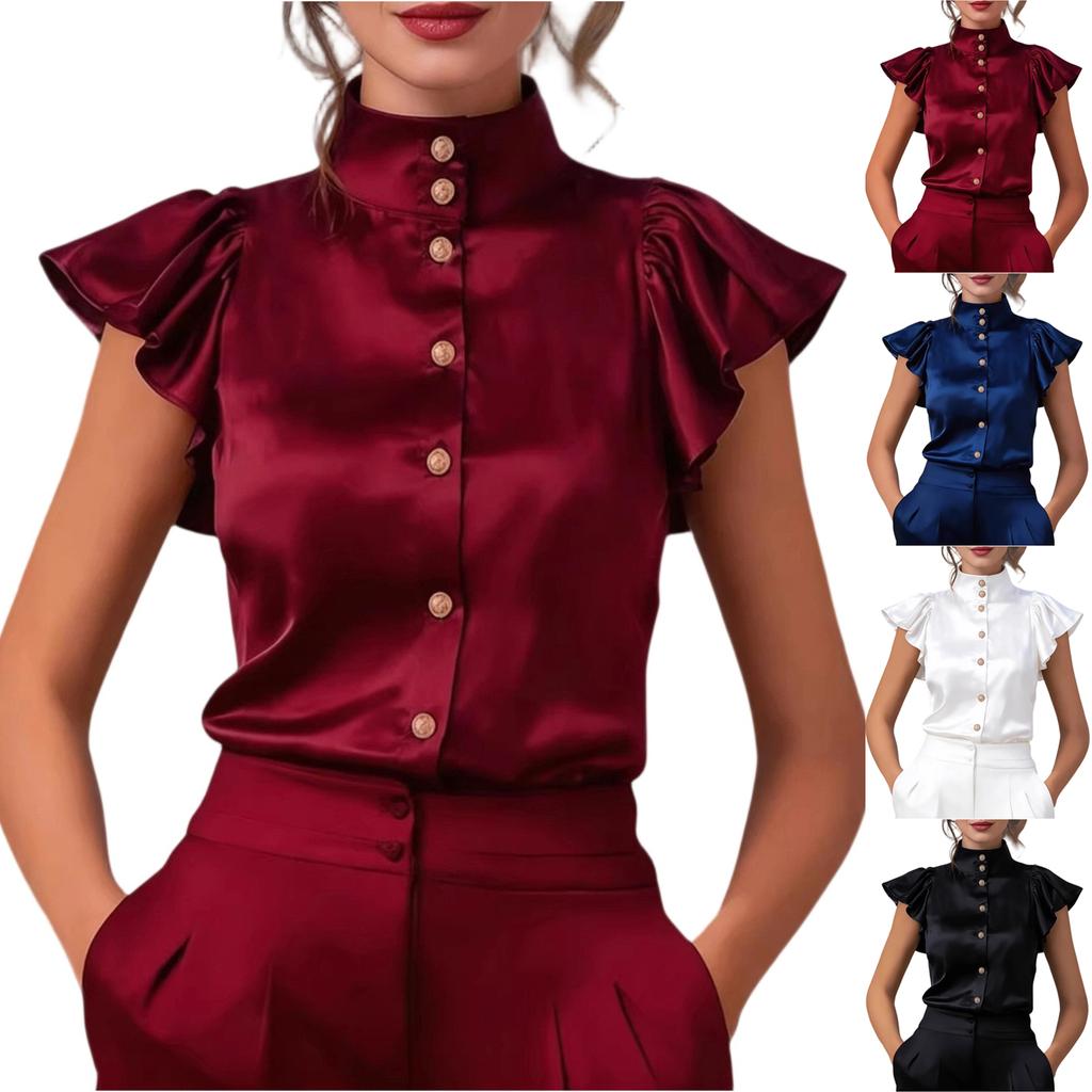 Women Satin Blouse Stand Collar Ruffle Sleeve Button Down Shirt Office Workwear Elegant Silky Top