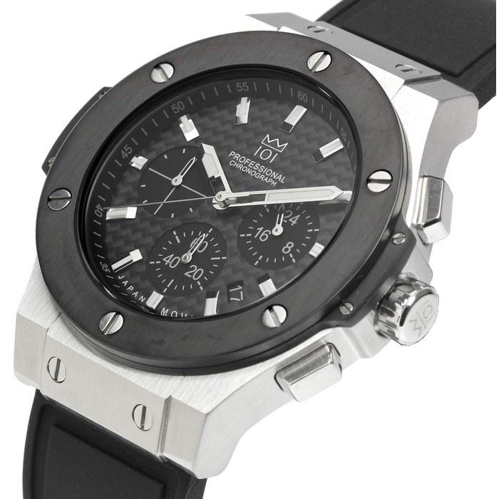 [Hyakuichi 101] No.8 Watch 100m Waterproof Chronograph Date Rubber Belt Black & Silver Carbon Men's