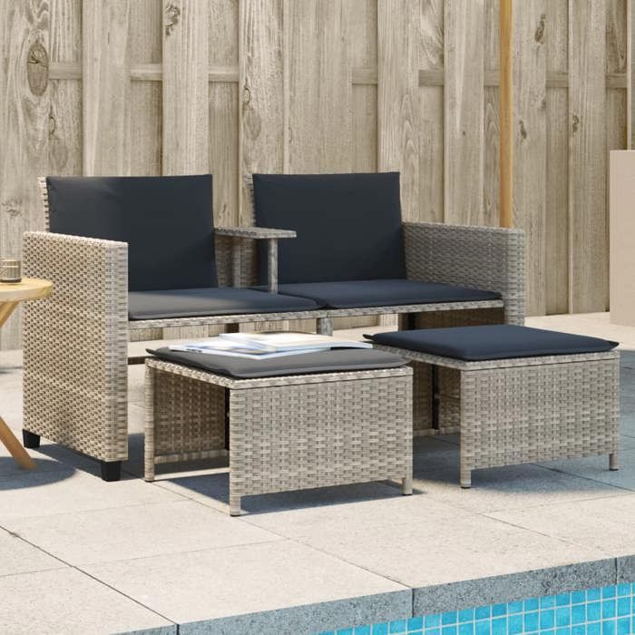 VidaXL Canapé de Jardin 2 Places avec Table et Tabourets, Fauteuils avec Coussins, Mobilier d'Extérieur Patio, Moderne, Gris 368421