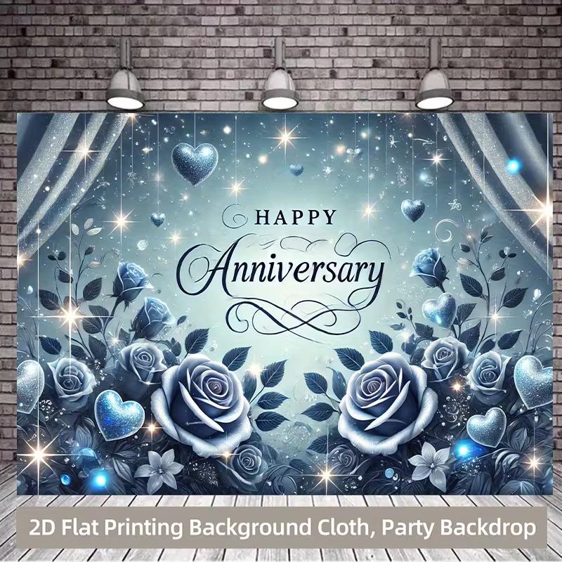 Romantic Anniversary Backdrop, Glamorous Blue Design with Roses, Hearts and Sparkles, Festive and Elegant Party Wall Decor