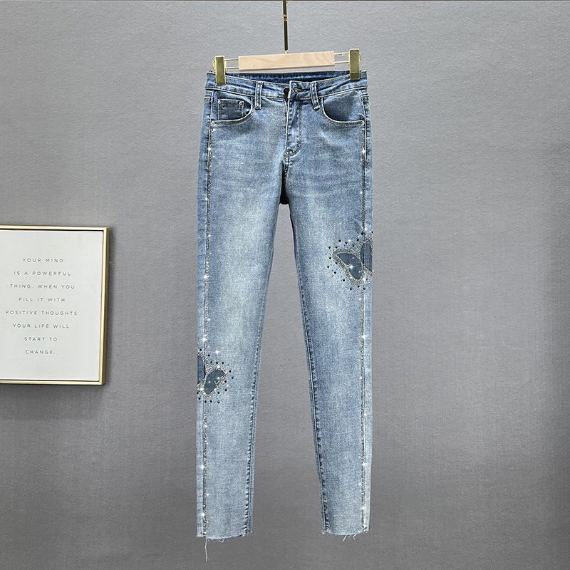 

Джинсы со стразами по щиколотку, облегающие, с высокой талией, стройнящие, европейские товары Light blue 27
