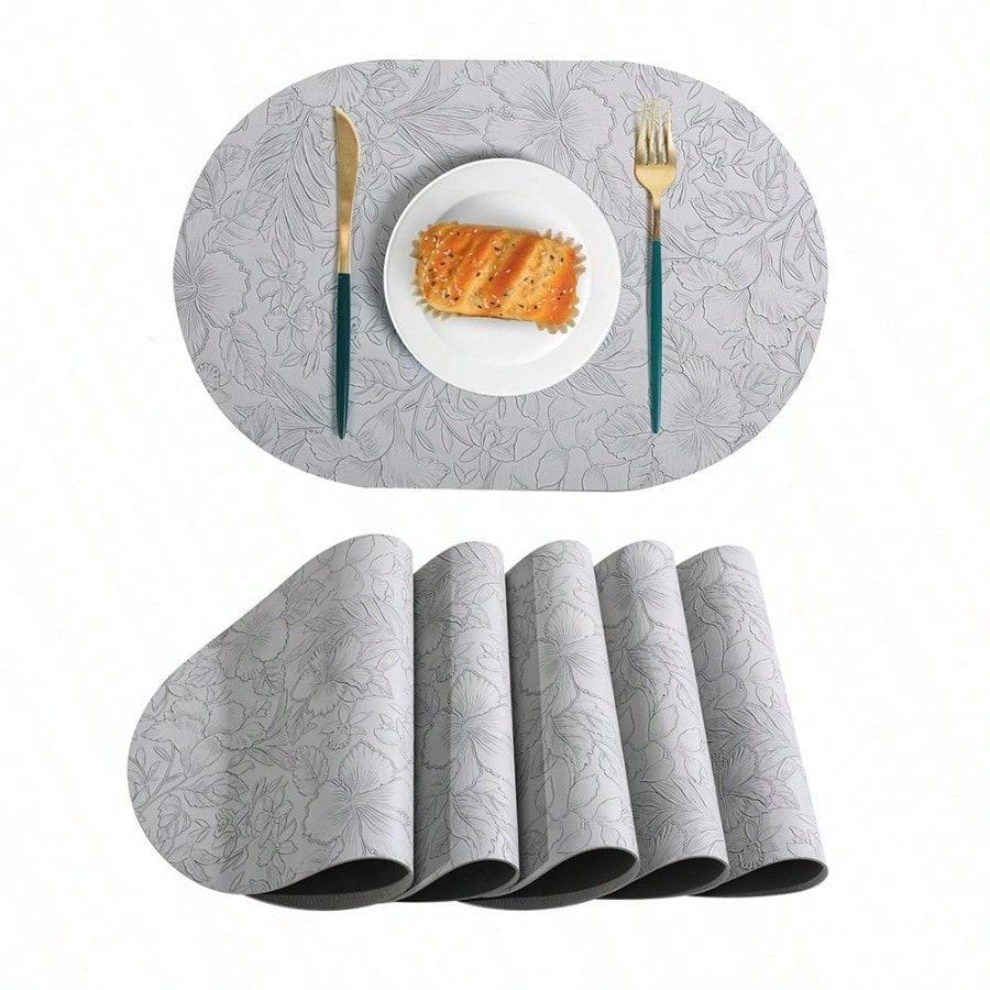 Ovaal leren placemat hotel restaurant waterdicht en oliebestendig bloem isolatiemat licht luxe tafelmat westerse eettafelmat grijs