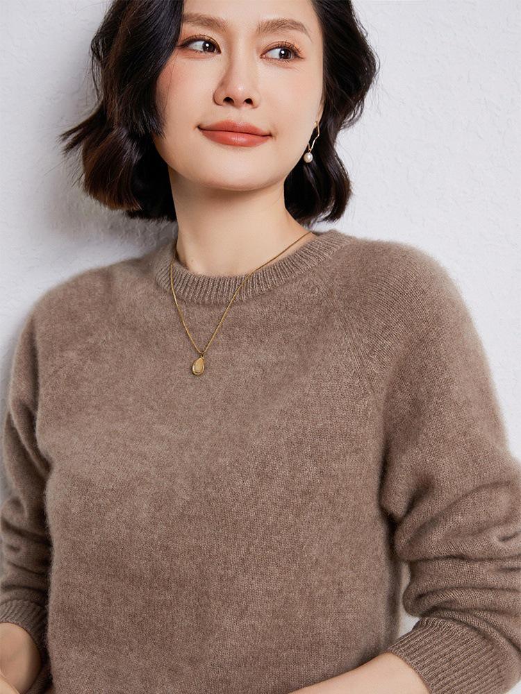 Women's Thick 100% Wool Raglan Sleeve Round Neck Sweater - Loose Knit Long Sleeve Pullover for Autumn/Winter