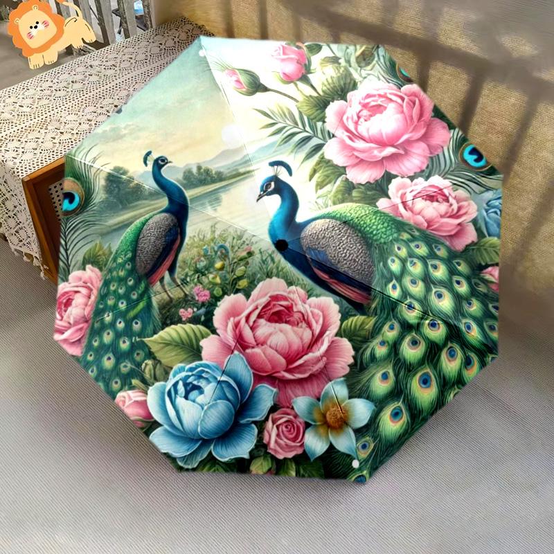 1pc Peacock, feathers pattern Umbrella Portable Folding Umbrella Iron Frame Hole Bone Structure Outdoor Home Umbrella
