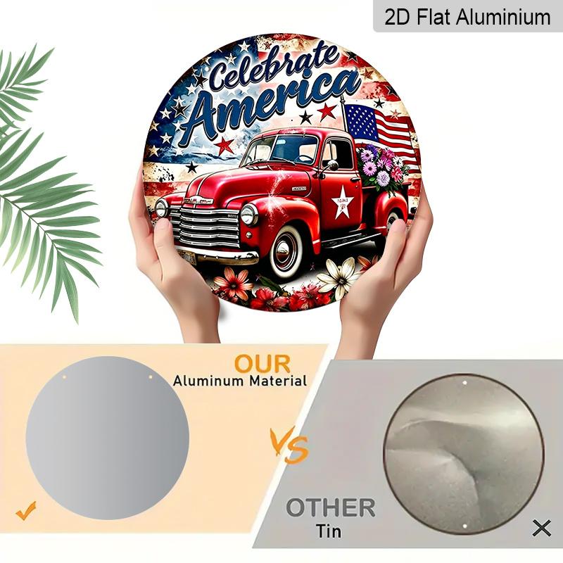 2D Flat, 1pc of Round Aluminum Sign with a Patriotic Theme Featuring a Floral Bouquet And a Red Truck, Perfect for Rustic Wall Art. Suitable for
