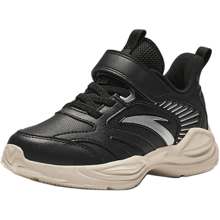 Anta Kids Synthetic Leather Comfortable Velcro Lightweight Shock Absorption Low Top Running Shoes Kids Running Shoes Black Silver A12439952N-1