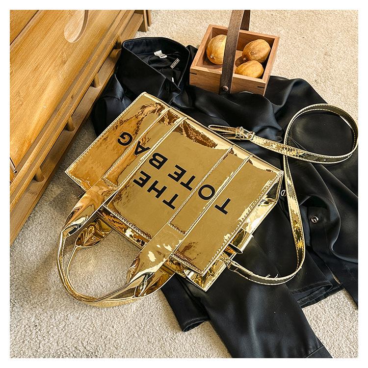 2023 Shiny Patent Leather Lettering Tote Bag for Women - Single Shoulder and Crossbody